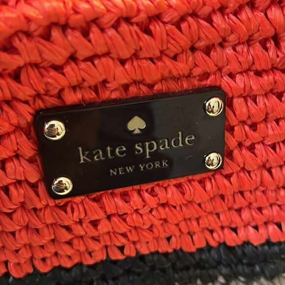 Kate Spade Black Orange Brown Straw and Patent Leather Shoulder Bag Tote - Picture 6 of 12